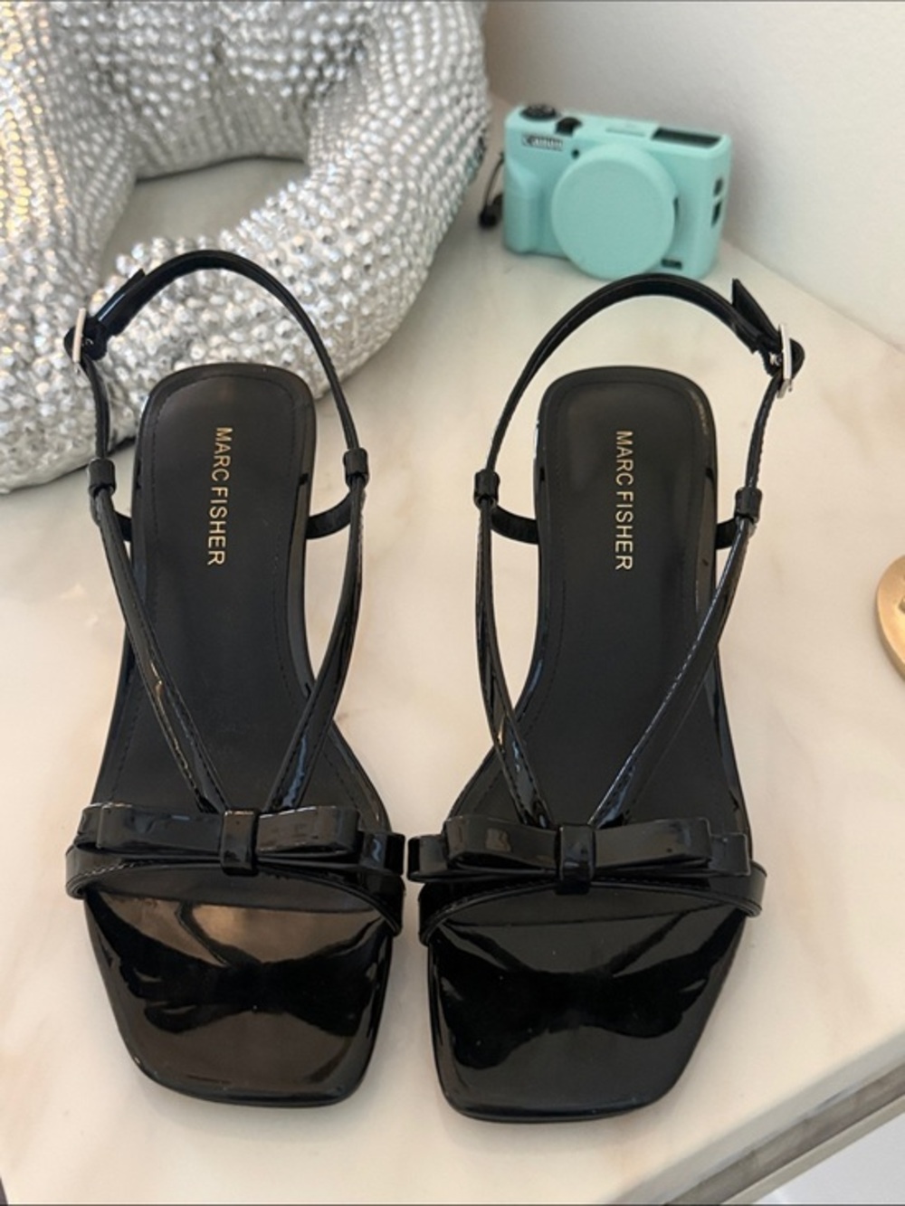 Marc Fisher Black Patent Slingback Heels with Bow Accent